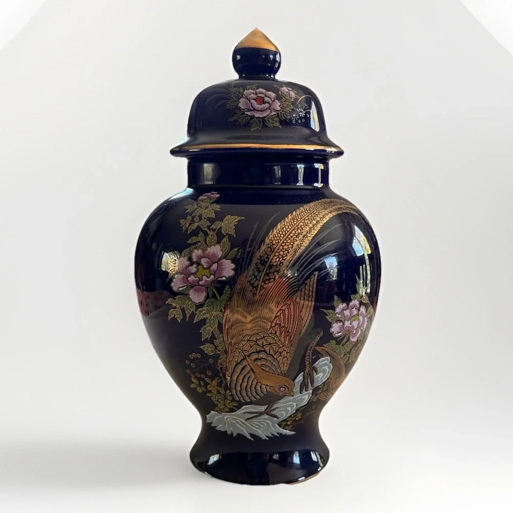 Vintage‎ Cobalt Blue Urn Bird and Floral Pattern Gold Japan